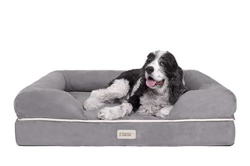 Friends Forever Large Dog Bed, Orthopedic Dog Sofa Memory Foam Mattress, Calming Dog Couch Bed, Wall Rim Pillow, Water Resistant Liner, Washable Cover, Non-Slip Bottom, Chester, Large Grey