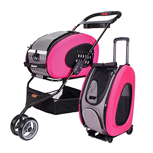 ibiyaya - Compact 5-in-1 Convertible and Foldable Small Pet Carrier and Stroller - Multifunctional Combo System Cat Stroller and Dog Stroller - Pets up to 16 Pounds - Pink