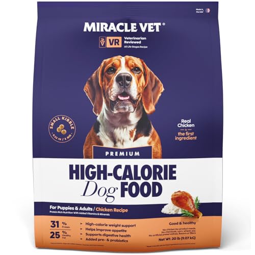 Miracle Vet High-Calorie High Protein Dog Food for Muscle & Weight Gain, Large 20 lb Bag, 600 Calories/Cup | Chicken & Rice Dry Dog Food | Puppy, Senior Soft Dog Food Dry | Packaging May Vary