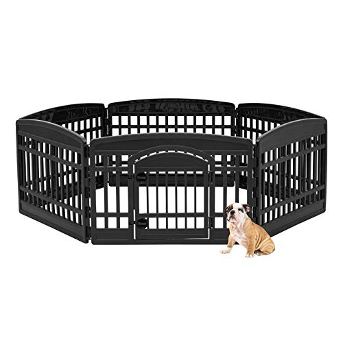 IRIS USA Dog Playpen, 6-Panel 24' Pet Playpen with Door, Puppy Playpen, Indoor/Outdoor Dog Pen, 60 x 60 x 24,Foldable, Customizable, Black