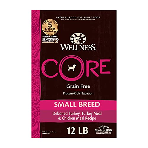 Wellness Natural Pet Food CORE Natural Grain-Free Small Breed Turkey & Chicken Dry Dog Food for Adult Dogs, High-Protein, USA-Made with Real Meat, 12-Pound Bag