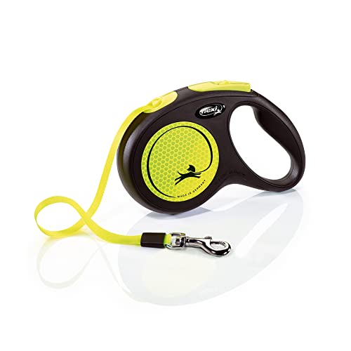 FLEXI® New Neon Retractable Reflect Dog Leash (Tape), Ergonomic, Durable and Tangle Free Pet Walking Leash for Dogs, 16 ft, Medium, Neon/Black