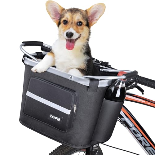 COFIT Detachable Bike Basket, Multi-Purpose Bicycle Front Basket for Pet, Shopping, Commuting, Camping and Outdoor, Upgraded with Pouches Black