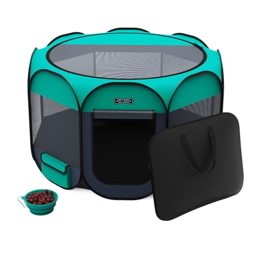Ruff 'N Ruffus Portable Foldable Pet Playpen + Carrying Case & Collapsible Travel Bowl | Indoor/Outdoor use | Water Resistant | Removable Shade Cover (Medium)