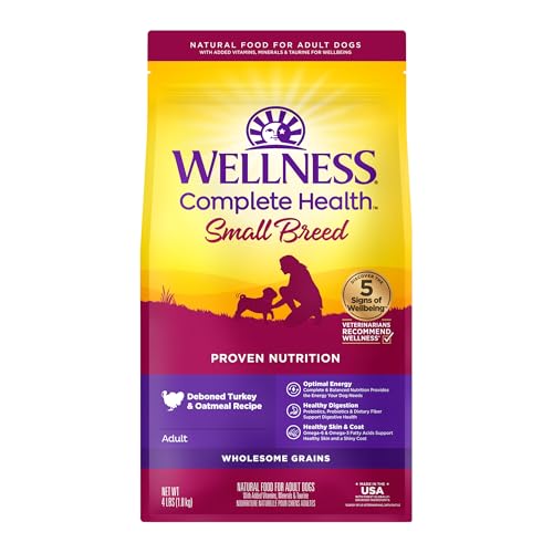 Wellness Complete Health Small Breed Dry Dog Food with Grains, Natural Ingredients, Made in USA with Real Turkey, For Dogs Up to 25 lbs, (Adult, Turkey & Oatmeal, 4-Pound Bag)