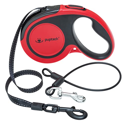 PUPTECK Retractable Dog Leash with Anti-Chewing Steel Wire, 360°Tangle-Free Pet Walking Leash for Small Medium Large Dogs, Heavy Duty up to 110lbs, 16ft Strong Reflective Leash, One-Hand Brake Red