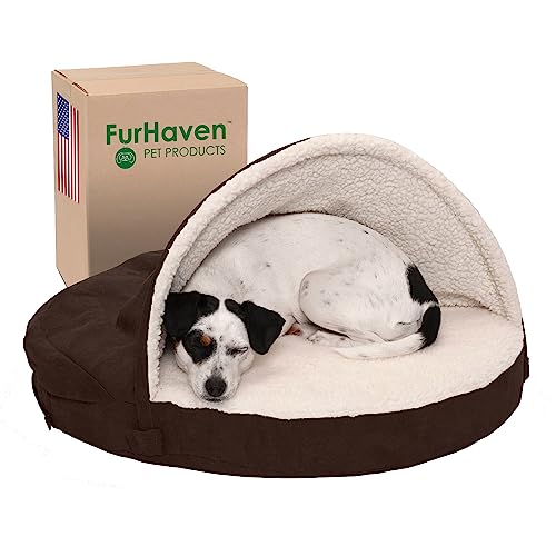 Furhaven 26' Round Orthopedic Dog Bed for Medium/Small Dogs w/ Removable Washable Cover, For Dogs Up to 30 lbs - Sherpa & Suede Snuggery - Espresso, 26-inch
