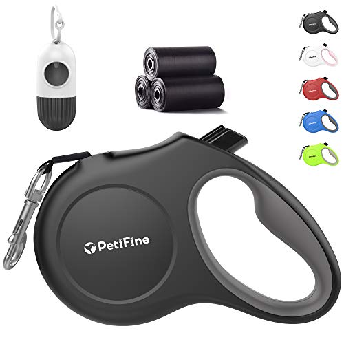 PetiFine Retractable Dog Leash with Dispenser and Poop Bags, 10ft Heavy Duty Reflective Walking Pet Leash for X-Small/Small/Medium/Large Breed Dogs or Cats up to 18 lbs, Tangle-Free (XS, Black)