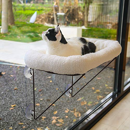 Zakkart Cat Window Perch - 100% Metal Supported from Below - Comes with Warm Spacious Pet Bed - Cat Window Hammock for Large Cats & Kittens - for Sunbathing, Napping & Overlooking (White)