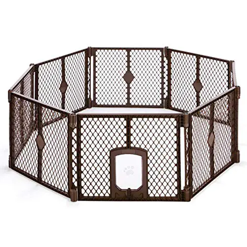 North States MyPet Petyard Passage: 6.5 Ft. Wide Customizable Folding Dog Playpen Indoor/Outdoor. Made in USA. 8-panel Puppy Playpen, Lockable Pet Door. Freestanding Play Pen Dog Gate 26' Tall, Brown