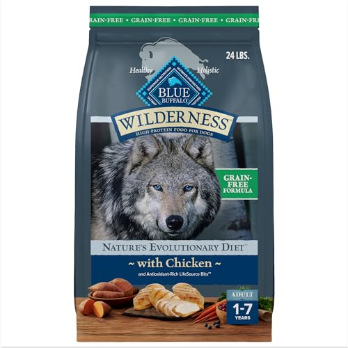 Blue Buffalo Wilderness Adult High-Protein Dry Dog Food with Real Chicken, Grain-Free, Made in the USA with Natural Ingredients, Chicken, 24-lb. Bag