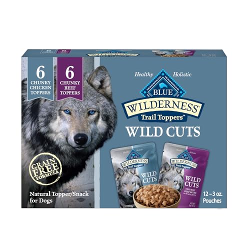 Blue Buffalo Wilderness Trail Toppers Wild Cuts Wet Dog Food Variety Pack, High-Protein & Grain-Free, Made with Natural Ingredients, Chicken and Beef Flavors, 3-oz. Pouches, (12 Count, 6 of Each)