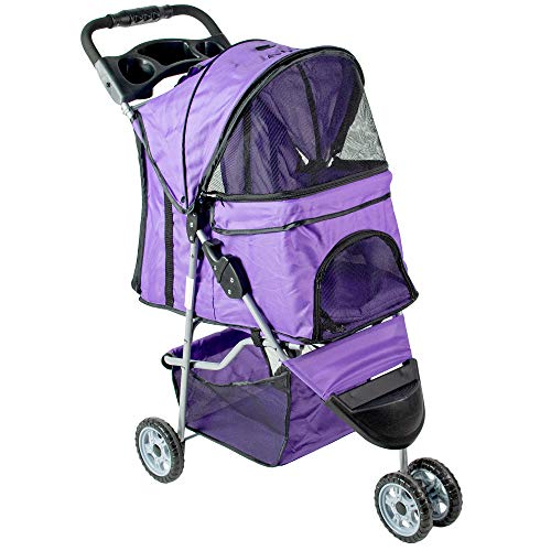 VIVO Purple 3 Wheel Pet Stroller for Cat, Dog and More, Foldable Carrier Strolling Cart, STROLR-V003P