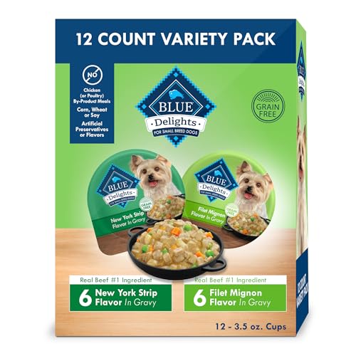 Blue Buffalo Delights Natural Adult Small Breed Wet Dog Food, Variety Pack, Made with Natural Ingredients, Filet Mignon & New York Strip Recipe in Hearty Gravy, 3.5-oz. Cups (12 Count, 6 of Each)