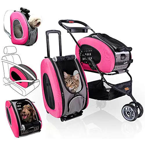 ibiyaya - Compact 5-in-1 Convertible and Foldable Small Pet Carrier and Stroller - Multifunctional Combo System Cat Stroller and Dog Stroller - Pets up to 16 Pounds - Pink