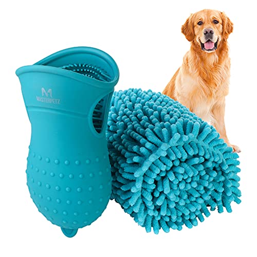 MASTERPETZ Dog Paw Cleaner Portable with Towel, 2 in 1 Pet Foot Washer Cup and Cleaning Brush, Silicone Paw Cleaner for Medium Large Puppy Cats Massage Grooming