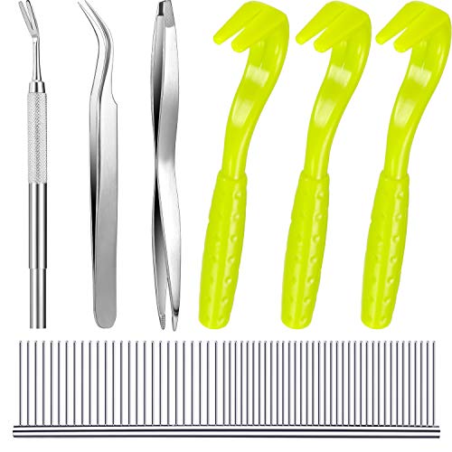 Tick Removal Tool Kit, Include 3 Pieces Plastic Removers, 3 Pieces Stainless Steel Tweezers with Comb for Dog and Cats (Fluorescent Green)