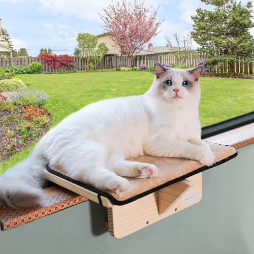 Petsfit Cat Window Perch Natural Solid Wood with Removable Fleece Mat, Safety Sturdy Cat Perch, Fit for Windows/Door/Drawer