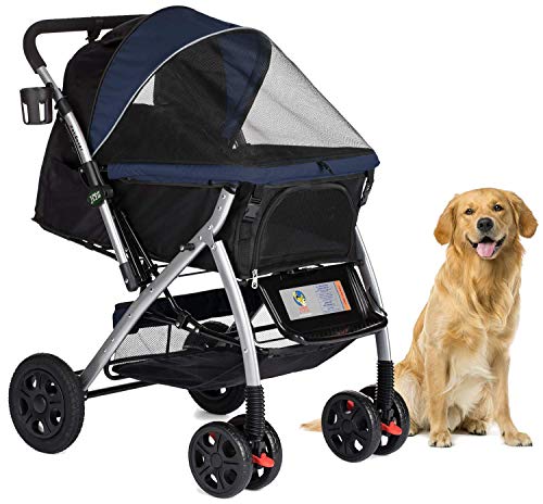 HPZ Pet Rover Premium Heavy Duty Dog/Cat/Pet Stroller Travel Carriage With Convertible Compartment/Zipperless Entry/Reversible Handle/Pump-Free Rubber Tires for Small, Medium, Large Pets-Midnight Blue