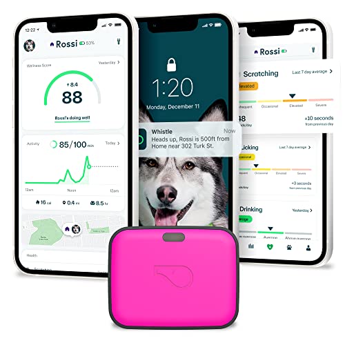 Whistle GPS + Health + Fitness - Ultimate Dog GPS Tracker Plus Dog Health & Fitness Monitor, Waterproof, Safe Place Escape Alerts, Built-in Night Light,Fits on Dog Collar, GO Explore, Magenta