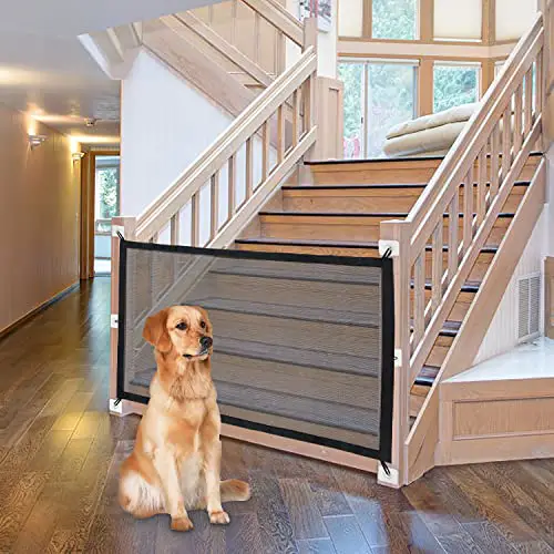 NWK Magic Gate Dog Gate for Stairs Pet Gate for The House Baby Gate Providing a Safe Enclosure for Pets and Babies to Play and Rest, 6 Hooks Design Prevent Dogs Going Through from Sides (30'' X 43'')