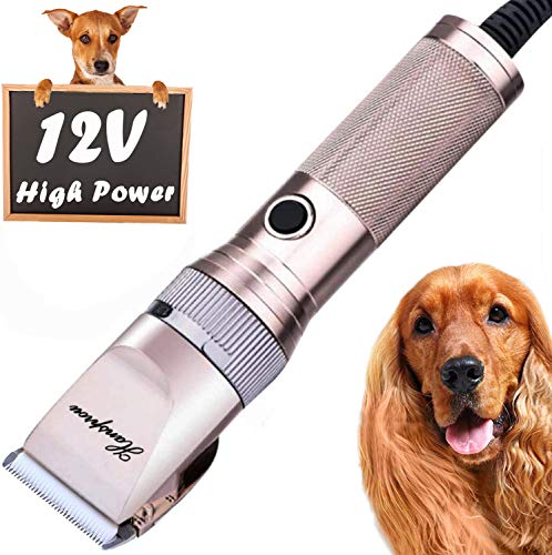 Hansprou Dog Clippers for Grooming, 12V Dog Hair Clipper, Professional Heavy Duty Pet Grooming Clipper Corded Pet Hair Trimmer for Thick Coats with Guard Combs Brush for Dogs Cats