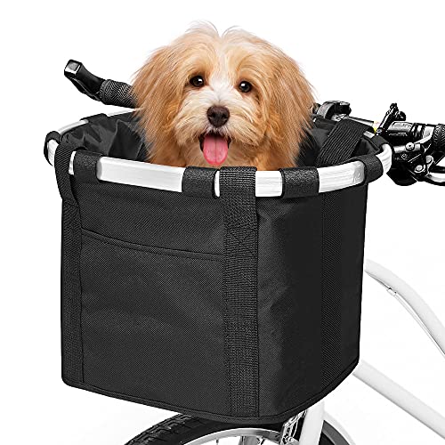 ANZOME Bike Basket, Folding Small Pet Cat Dog Carrier Front Removable Bicycle Handlebar Basket Quick Release Easy Install Detachable Cycling Bag Mountain Picnic Shopping