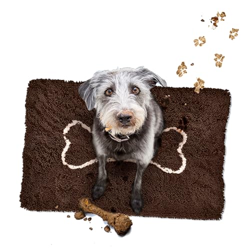 Soggy Doggy Doormat with Bone Design, Microfiber Chenille Indoor Wet Dog Mat for Muddy Paws and Drying, Ultra-Absorbent Dog Mats for Sleeping and Lounging, Dark Chocolate/Oatmeal Bone