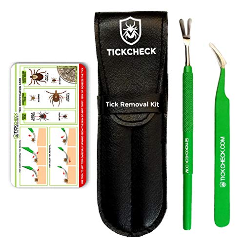 TickCheck Premium Tick Remover Kit - Stainless Steel Tick Remover + Tweezers, Leather Case, and Free Pocket Tick Identification Card (1)