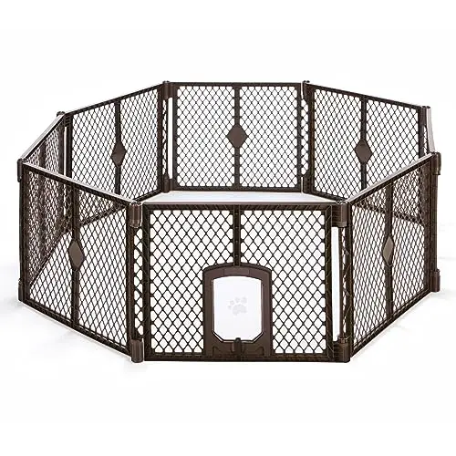 North States MyPet Petyard Passage: 6.5 Ft. Wide Customizable Folding Dog Playpen Indoor/Outdoor. Made in USA. 8-panel Puppy Playpen, Lockable Pet Door. Freestanding Play Pen Dog Gate 26' Tall, Brown