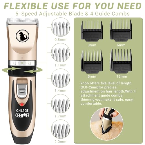 Ceenwes Dog Clippers Low Noise Cat Clippers Rechargeable Dog Trimmer Cordless Pet Grooming Tool Professional Dog Hair Trimmer with Comb Guides Scissors for Dogs Cats & Others