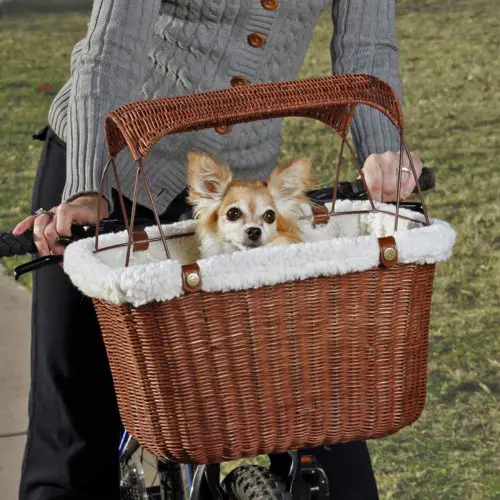 PetSafe Happy Ride Wicker Bicycle Basket for Dogs and Cats - Stylish Weather Resistant Wicker Material - Comfortable, Easy to Clean Soft Liner - Removable Sun Shield Included - for Pets up to 13 lb
